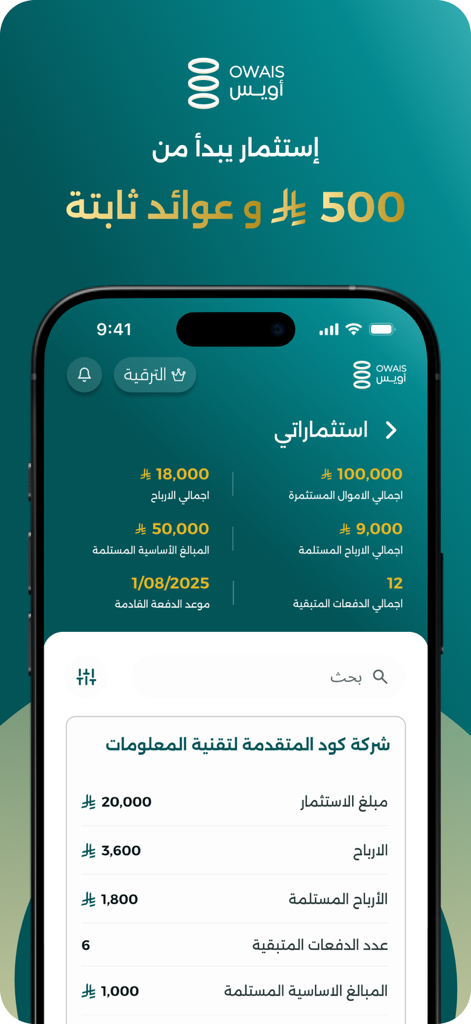 Owais | أويس - Owais app interface showing a user investment dashboard with profit statistics and periodic return schedules in Arabic