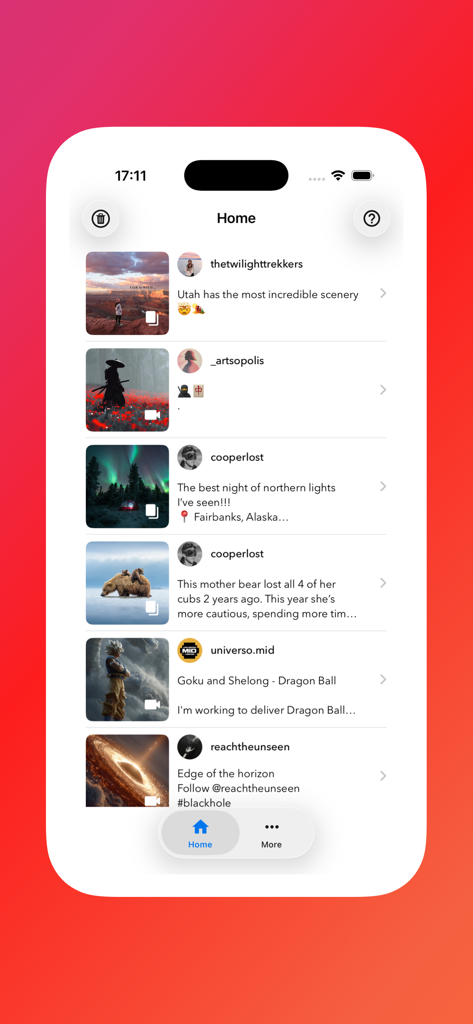 Startbildschirm der Regrammer-App mit einem Feed von Instagram-Beiträgen und Reels, die zum Reposten bereit sind.