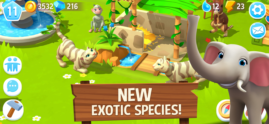 FarmVille 3 – Farm Animals - Gameplay-Screenshot von FarmVille 3 mit exotischen Tieren wie Elefanten, weißen Tigern und einem Affen.