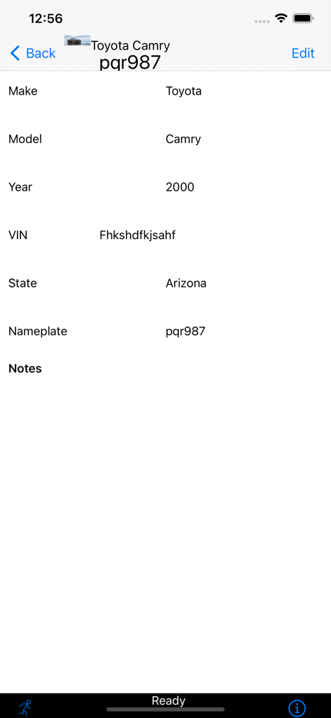 Vehicle Log - Captura de tela do aplicativo Log de Veículo mostrando detalhes de um Toyota Camry, incluindo marca, modelo, ano e VIN