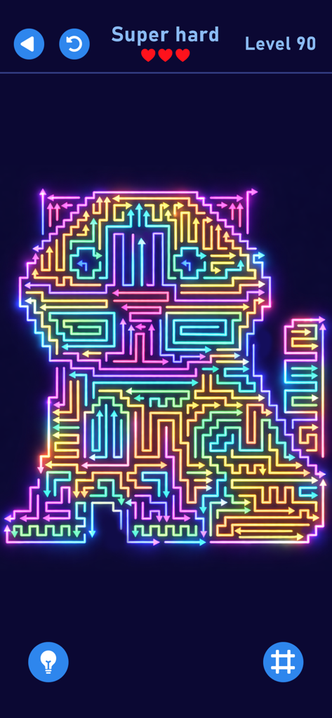 Arrow World - Puzzle Out Game - Una silueta de gato de neón arcoíris hecha de flechas entrelazadas en un nivel de juego de puzzle de lógica