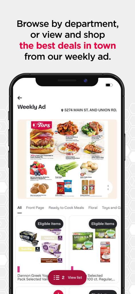Tops Markets - Tops Markets mobile app displaying weekly grocery ad deals and digital shopping list