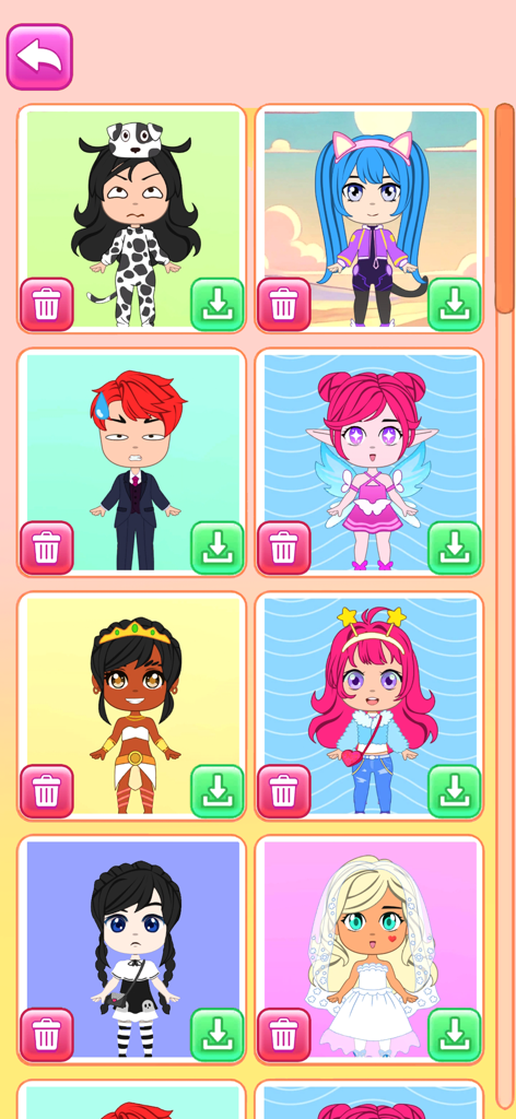 Doll Dress Up: Games for Girls - Grid of custom chibi dolls with different fashion styles