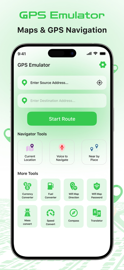 Interfaz de la aplicación GPS Emulator mostrando funciones de navegación y utilidades de viaje