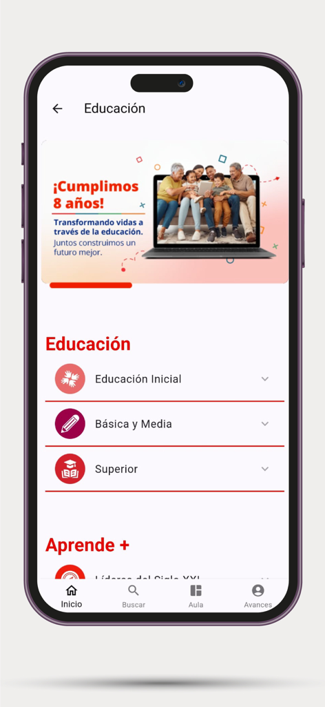 Interfaccia dell'app mobile Aprende che mostra le categorie educative, inclusa l'istruzione iniziale, di base e superiore in spagnolo.