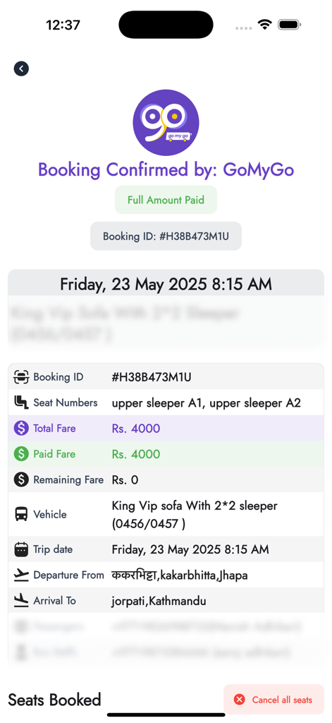 GoMyGo Operators: Manage Bus - Tela do aplicativo GoMyGo Operators mostrando detalhes de reserva de ônibus confirmada, agenda de viagens e tarifa paga