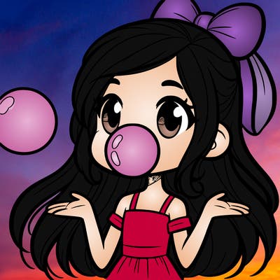 girl with long hair and blowing a bubble with gum