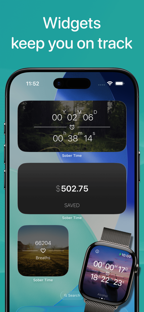 Widgets do aplicativo Sober Time no iPhone e Apple Watch mostrando o progresso da sobriedade e o dinheiro economizado