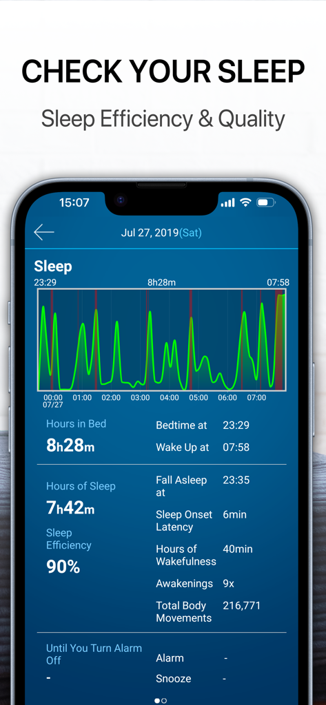 JUKUSUI-Sleep Cycle Alarm - Un informe detallado de eficiencia y calidad del sueño con un gráfico de ciclo de sueño y estadísticas en una pantalla de smartphone.