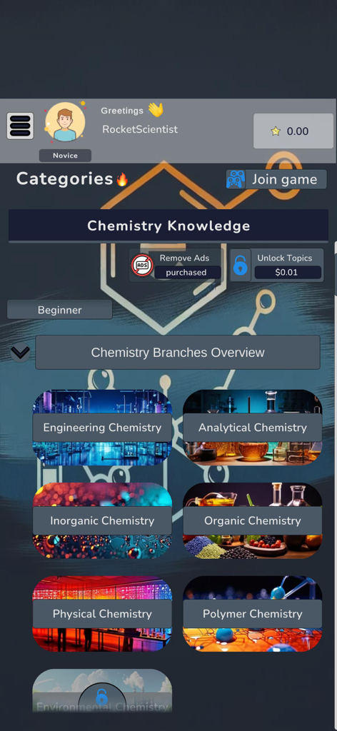 Chemistry Knowledge Quiz - Tela principal de categorias do aplicativo Quiz de Conhecimentos de Química mostrando diferentes ramos da química, como orgânica e inorgânica.