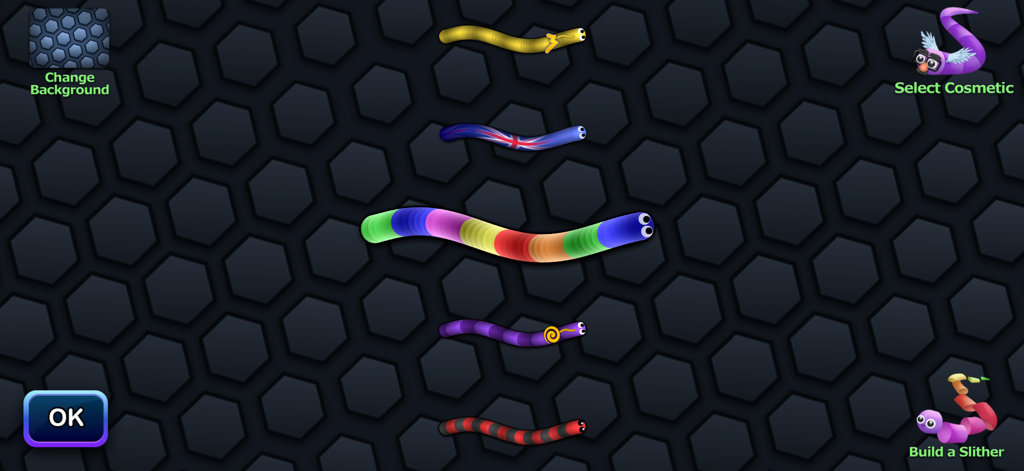 slither.io - Slither.io Anpassungsbildschirm mit mehreren bunten Schlangen-Skins und kosmetischen Optionen auf einem dunklen sechseckigen Hintergrund.