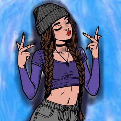 realistic teenage girl with braids and a beanie and crop top doing 🫶🏼
