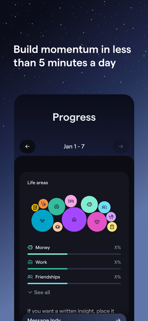 Indy: Your ADHD Copilot - Indy ADHD Copilot app progress screen showing life area bubbles and tracking bars