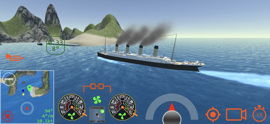 A historical steamship navigating through coastal waters with realistic bridge controls in Ship Handling Simulator