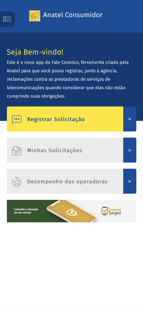 Tela inicial do aplicativo Anatel Consumidor em português com opções para registrar e rastrear reclamações de telecomunicações