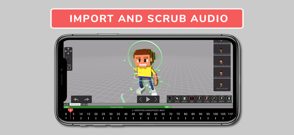 Animatoon Pro - Animatoon Pro interface showing a 3D voxel character being animated with a synced audio timeline