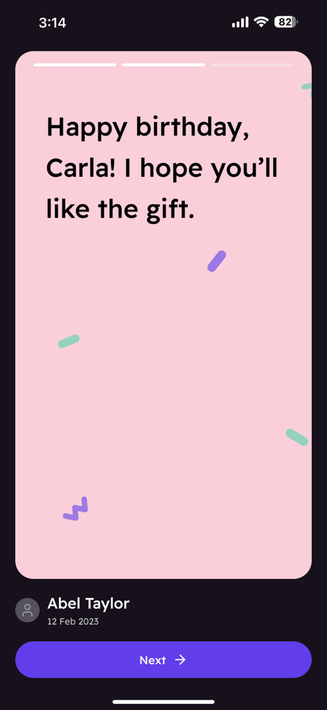 Une salutation d'anniversaire personnalisée pour Carla dans l'application YAY Moments