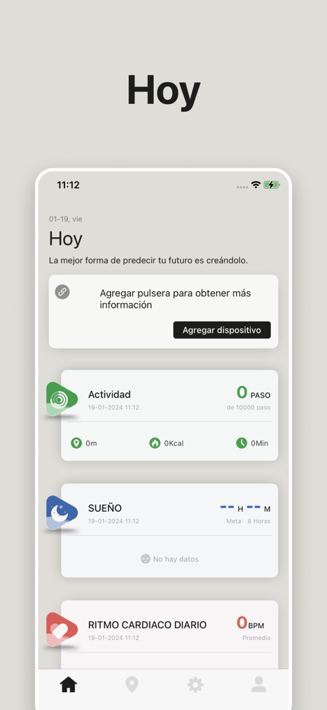 Pantalla de inicio de la aplicación STF Time que muestra widgets de seguimiento de salud y fitness