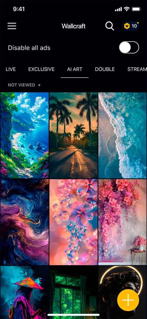 Schermata dell'app mobile Wallcraft che mostra una griglia di sfondi generati da IA di alta qualità in vari stili estetici