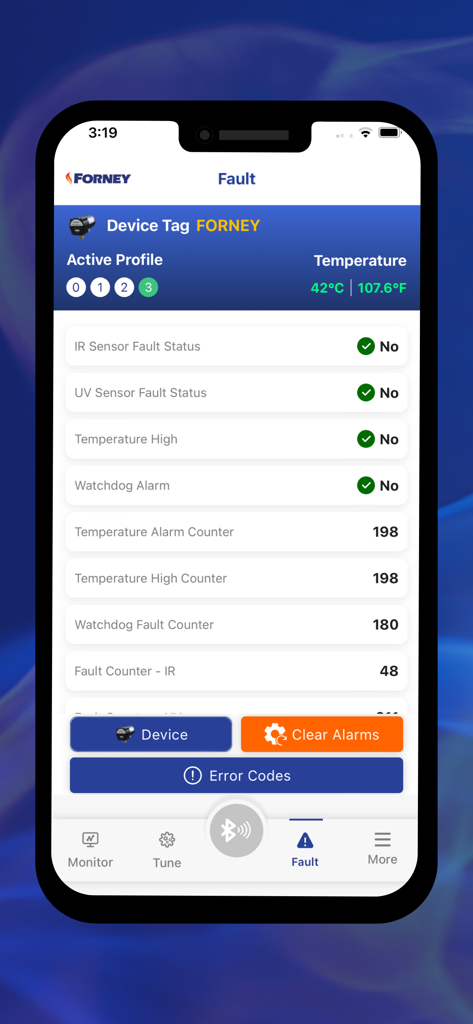 Forney PRO - Forney PRO app diagnostic screen displaying sensor fault statuses and device temperature for industrial flame detectors