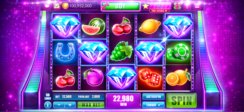 Slots Craze: Casino Games - Neon purple slot machine game screen with diamonds and fruit symbols