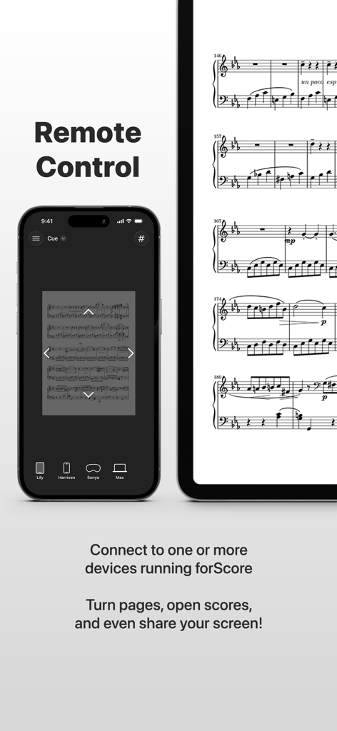 La aplicación forScore Cue muestra un iPhone controlando de forma remota una partitura musical mostrada en un iPad