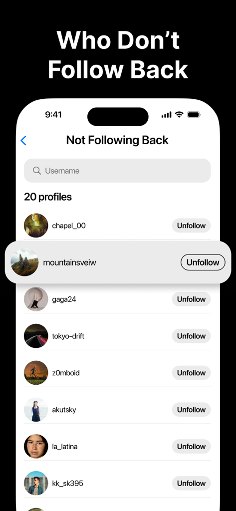 Unfollow Tracker & Reports - 언팔로우 버튼이 있는 맞팔하지 않은 인스타그램 프로필 목록을 보여주는 인터페이스