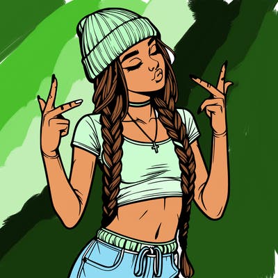 realistic teenage girl with braids and a beanie and crop top doing 🫶🏼