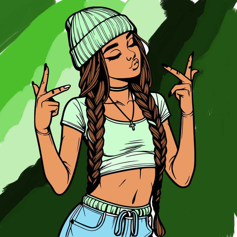 realistic teenage girl with braids and a beanie and crop top doing 🫶🏼