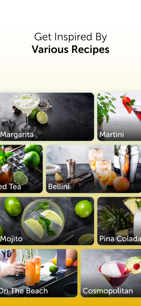Mixology - Bartender App - Una varietà di ricette di cocktail visualizzate nell'interfaccia dell'app Mixology, inclusi Martini e Mojito