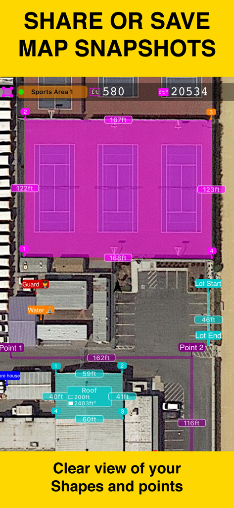Satellite map view showing area and distance measurements of a sports court and building roof using Planimeter 55.