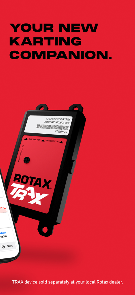 Rotax TRAX telemetry hardware device shown with the mobile app interface on a red background