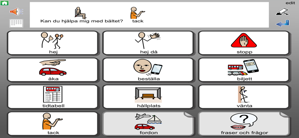 A communication board in the Widgit Go SE app showing a grid of visual symbols and text labels for speech assistance.