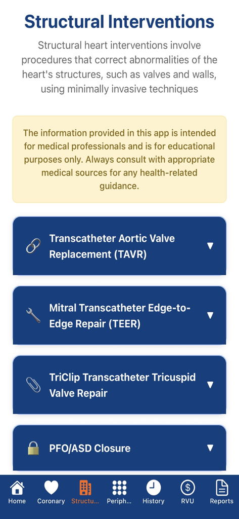 Interventional Cardiology Hub - Structural heart intervention menu in the Interventional Cardiology Hub app showing procedure options like TAVR and TEER.
