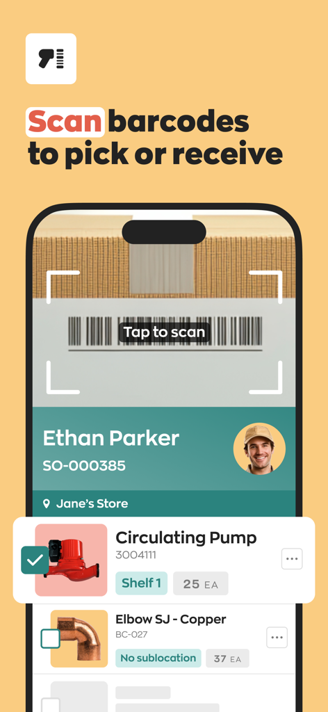 iPhone-Bildschirm, der die inFlow Inventory App beim Scannen eines Barcodes auf einer Box zur Bestandsverwaltung zeigt.