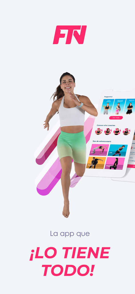A woman running next to a phone screen showing the FTN app interface with fitness programs and LATAM coaches