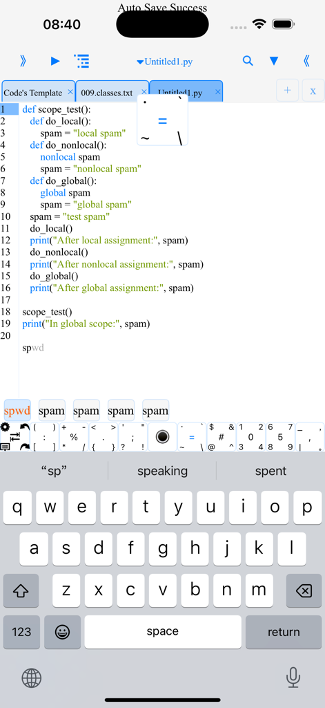 Python code editor interface on a mobile device showing syntax highlighting and a specialized programming keyboard