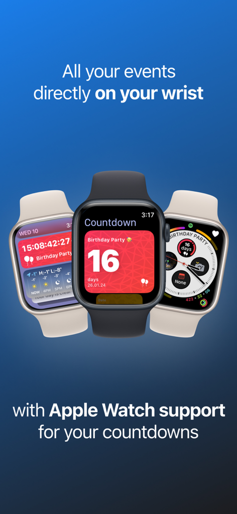 Countdown Timer & Widgets - Three Apple Watches displaying different aesthetic countdown widgets for events and birthday parties.