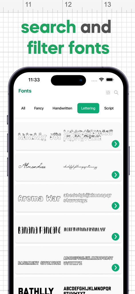 Interface of the Fonts for DIY Space app showing a searchable library of creative fonts like lettering and script styles.