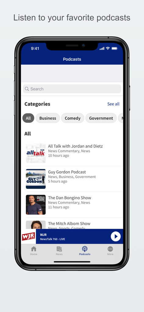 WJR-AM radio app podcasts screen showing local Detroit talk shows