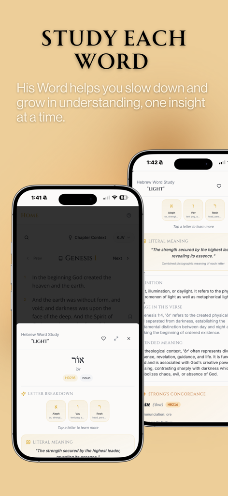 His Word: Bible Study - Interfaz de la aplicación His Word Bible Study que muestra un análisis detallado de palabras hebreas para la palabra Luz, incluyendo el desglose de letras y el significado literal