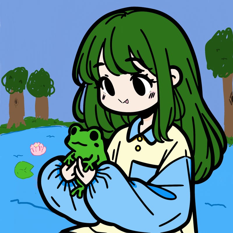 girl with long hair and a oversized shirt. and she is holding a frog