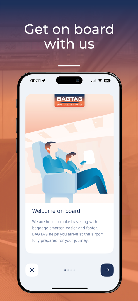 BAGTAG - BAGTAG App Willkommensbildschirm mit Reisenden in einem Flugzeug