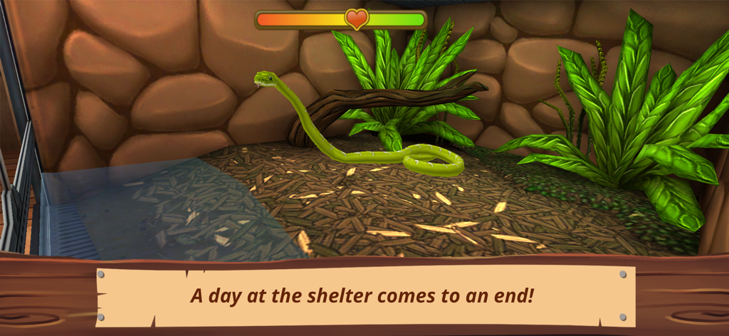 Un serpent vert dans son terrarium 3D au refuge pour animaux Pet World.