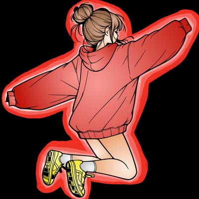 realistic girl jumping with a bun and oversized sweatshirt