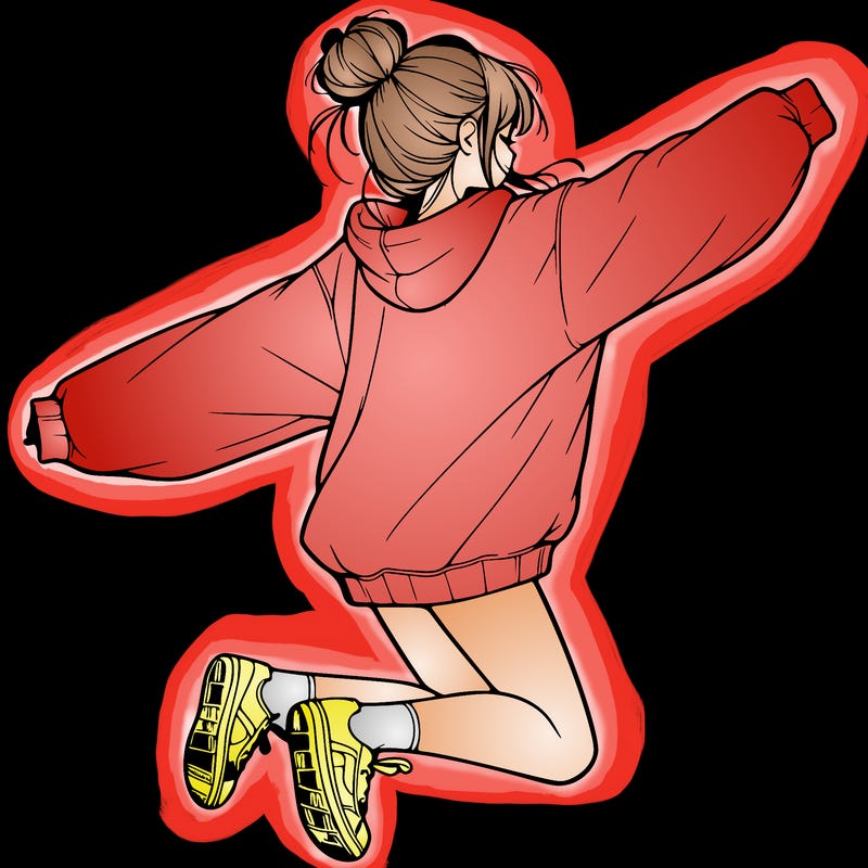 realistic girl jumping with a bun and oversized sweatshirt