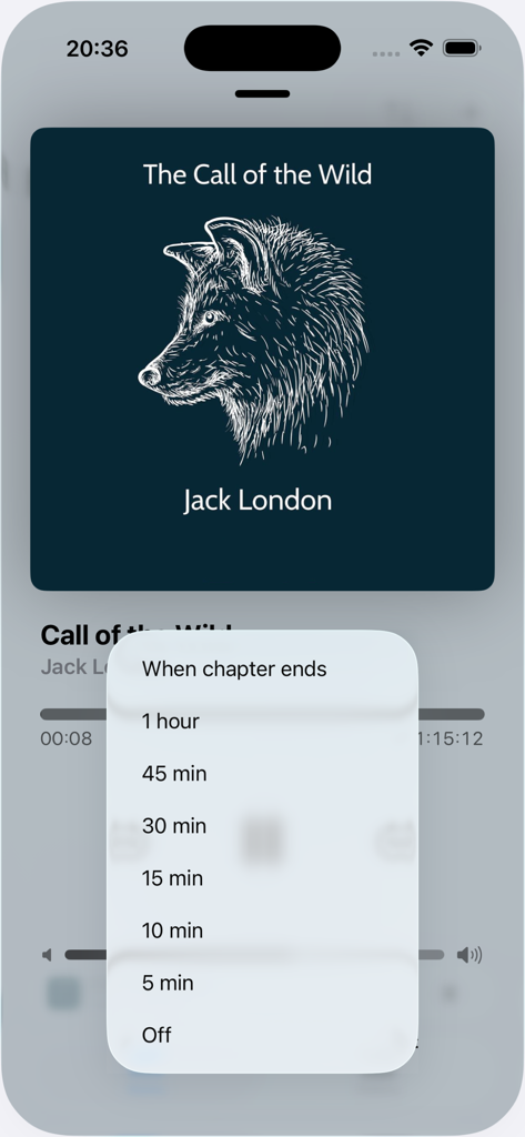 AudioBooks - MP3 & M4B player - Menu de sélection de la minuterie de mise en veille dans l'application AudioBooks pour iOS montrant différents intervalles de temps et options de fin de chapitre.