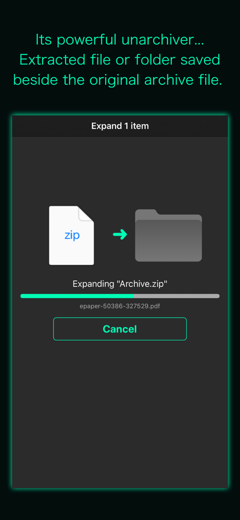 Archive Utility - Pantalla de la app Archive Utility mostrando el progreso de la expansión de un archivo zip en una carpeta en un dispositivo iOS.