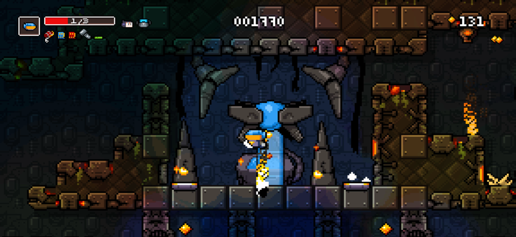 Captura de pantalla de jugabilidad de Meganoid Remaster con gráficos de pixel art retro y diseño de nivel de plataformas