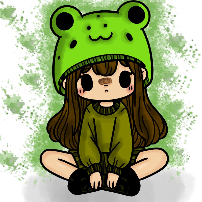 a girl wearing a frog hat and some frog socks